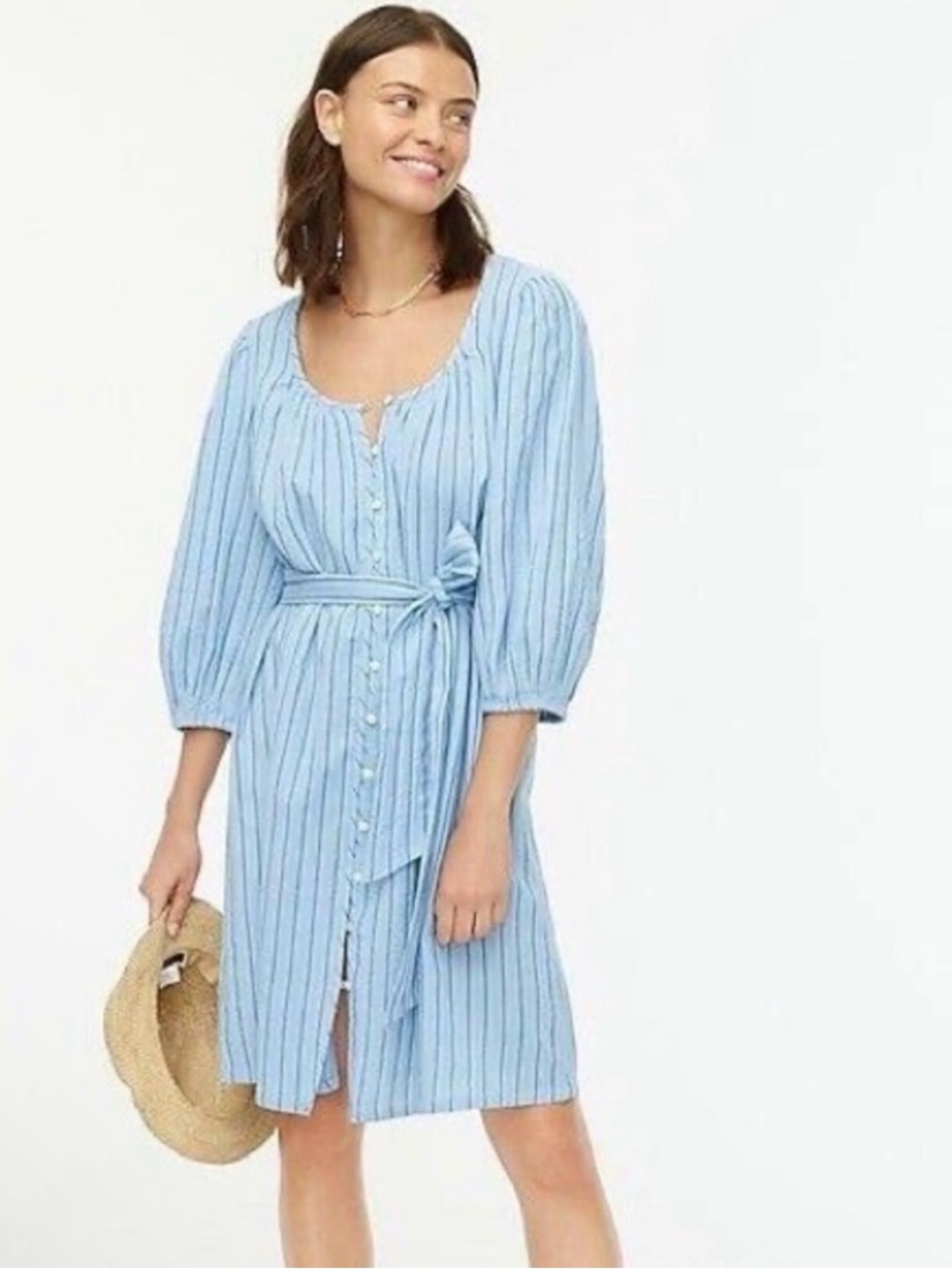 J. Crew Serenity Blue Donny Striped Ophelia Balloon Sleeve Dress Med